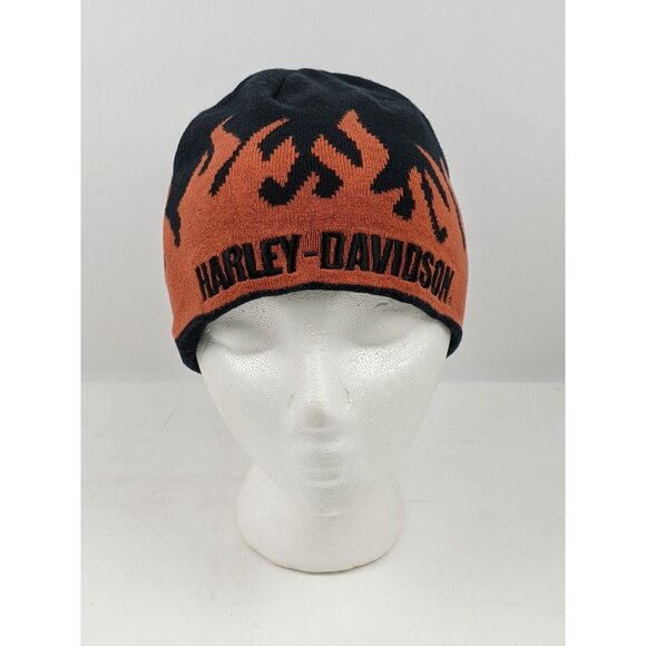 2006 Harley-Davidson Flame Fire Beanie Black Orange Men Vintage Y2k 00s Hat Bike - Picture 1 of 10